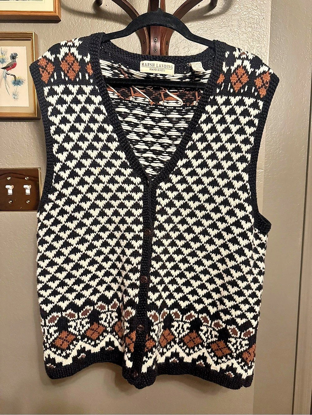 Marsh Landing Hand-Knit Geometric Sweater Vest in Black & White